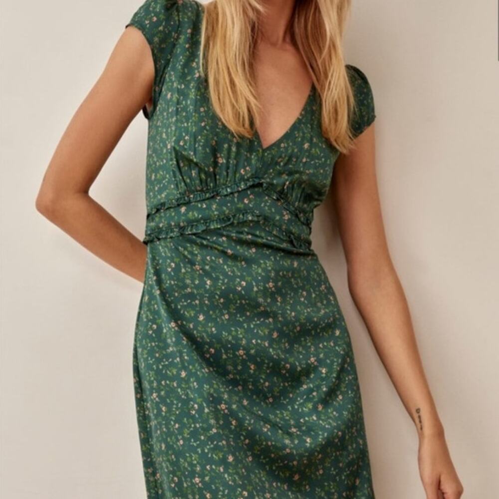 Reformation Kaye Silk Green Floral Dress Size 8 - Picture 4 of 9